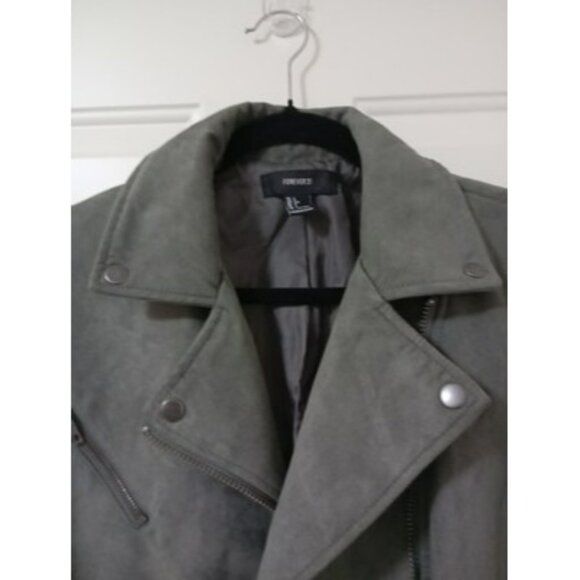 Forever 21 Olive Green Faux Suede Moto Jacket With Zipper Pockets & Belt Size L - Picture 7 of 12